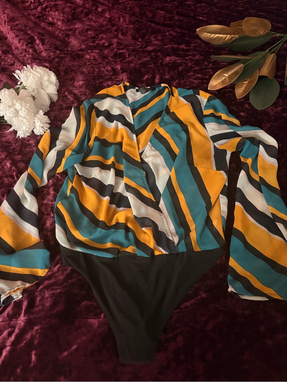 Forever 21 Teal, Mustard & Black Striped Wrap-Front Long Sleeve Bodysuit